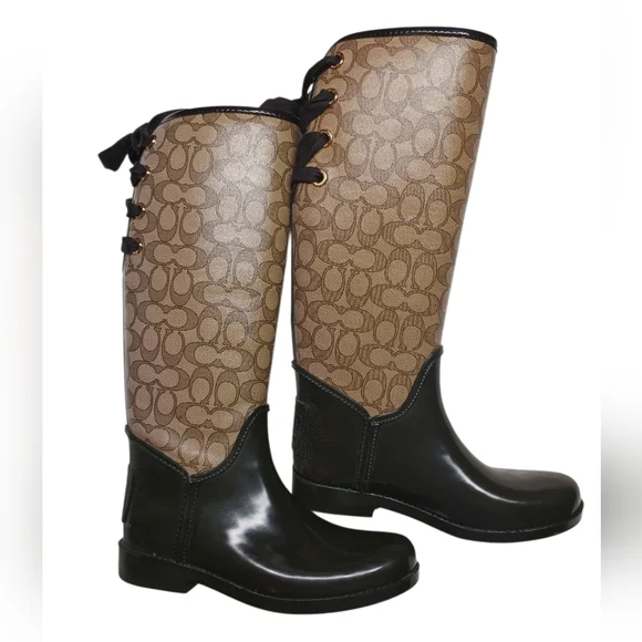 Coach Tristee Signature Tall Rain Boots Lace Back Brown Black Women's Size 8B - Picture 1 of 12